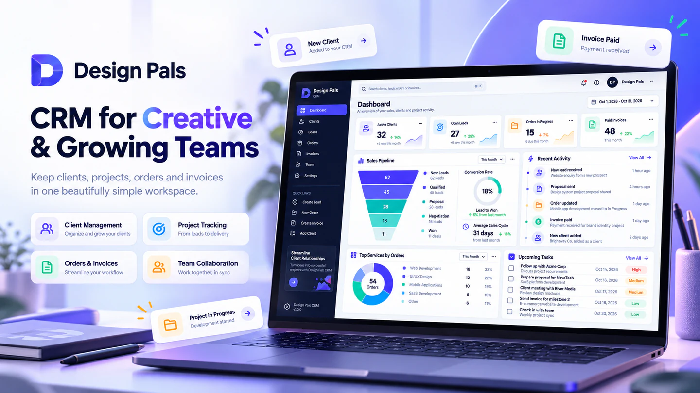 Illustrative Design Pals CRM dashboard with clients, sales pipeline and task workflow panels (illustrative concept UI)